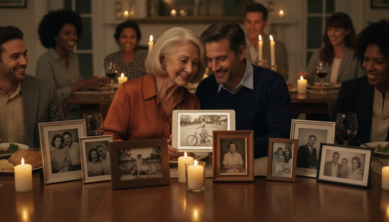 Woman at her 70th birthday celebration watching a video of her life in photos