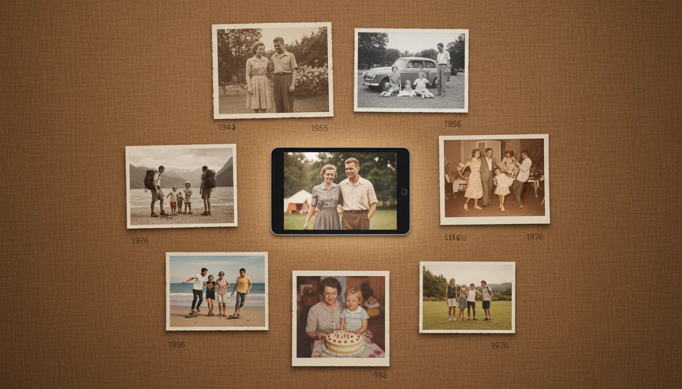 Eight decades of one person's photographs arranged chronologically around a screen