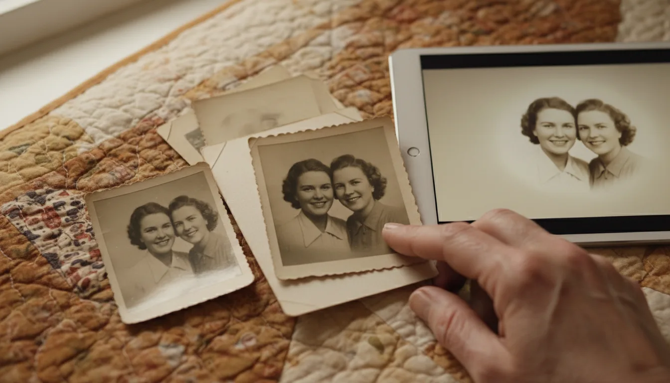 Very old photographs from the 1930s and 40s beside a screen playing them as gentle video