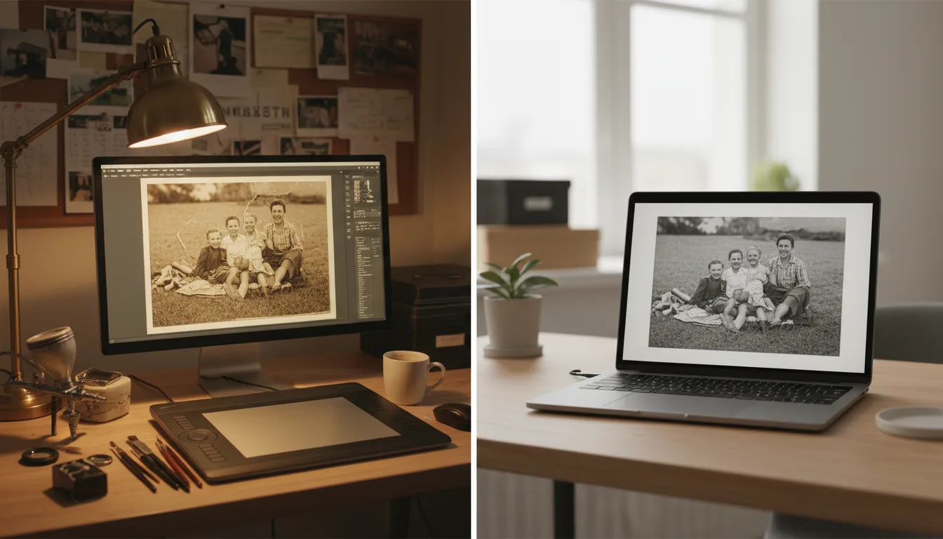 Split scene: a human retoucher's workstation beside an AI restoration in progress