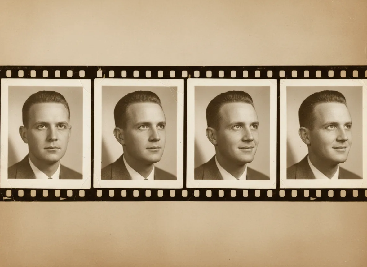 Sequence of frames showing a 1950s portrait subtly shifting expression