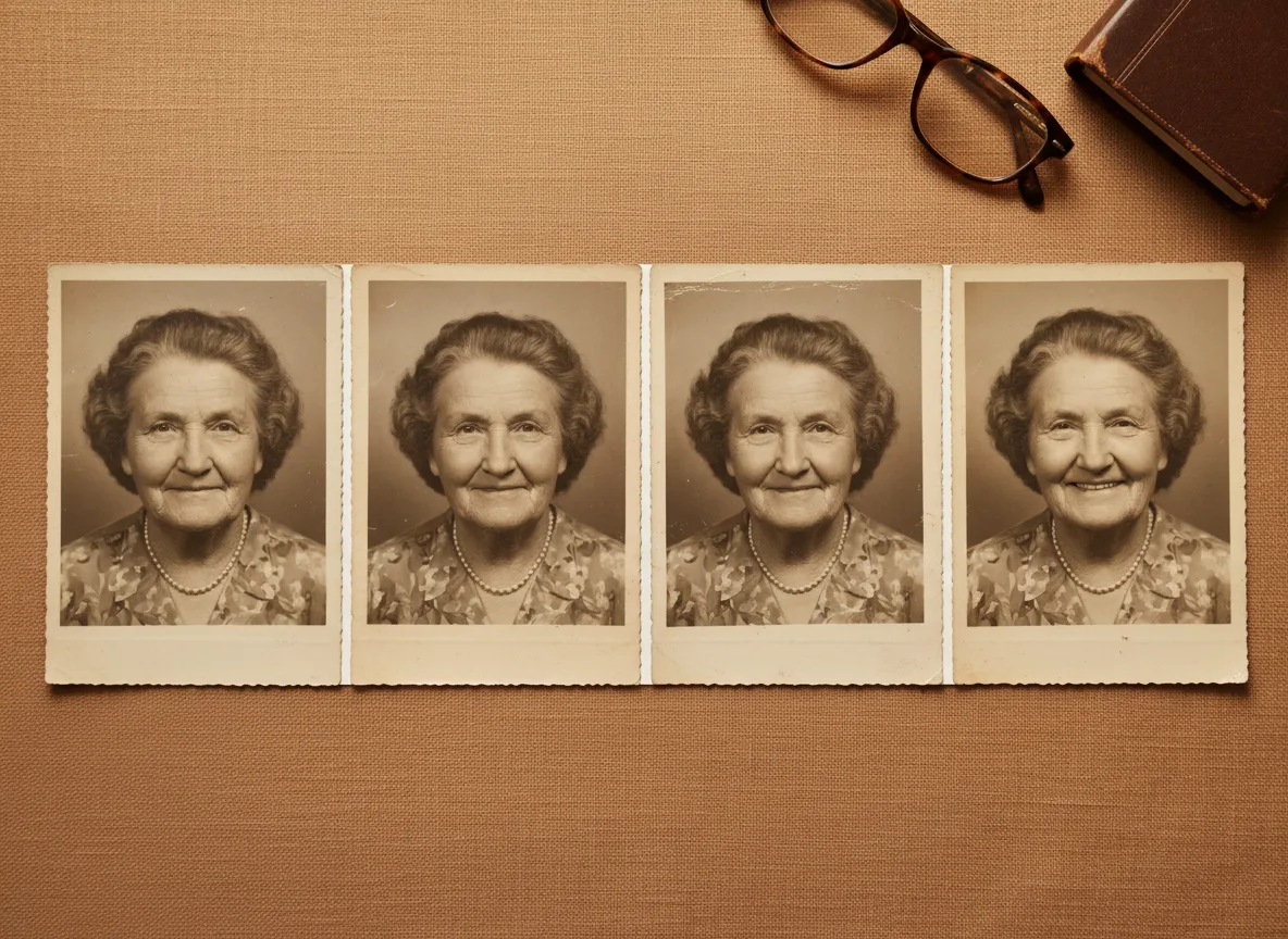 Frames of an elderly woman's portrait showing a smile gradually broadening