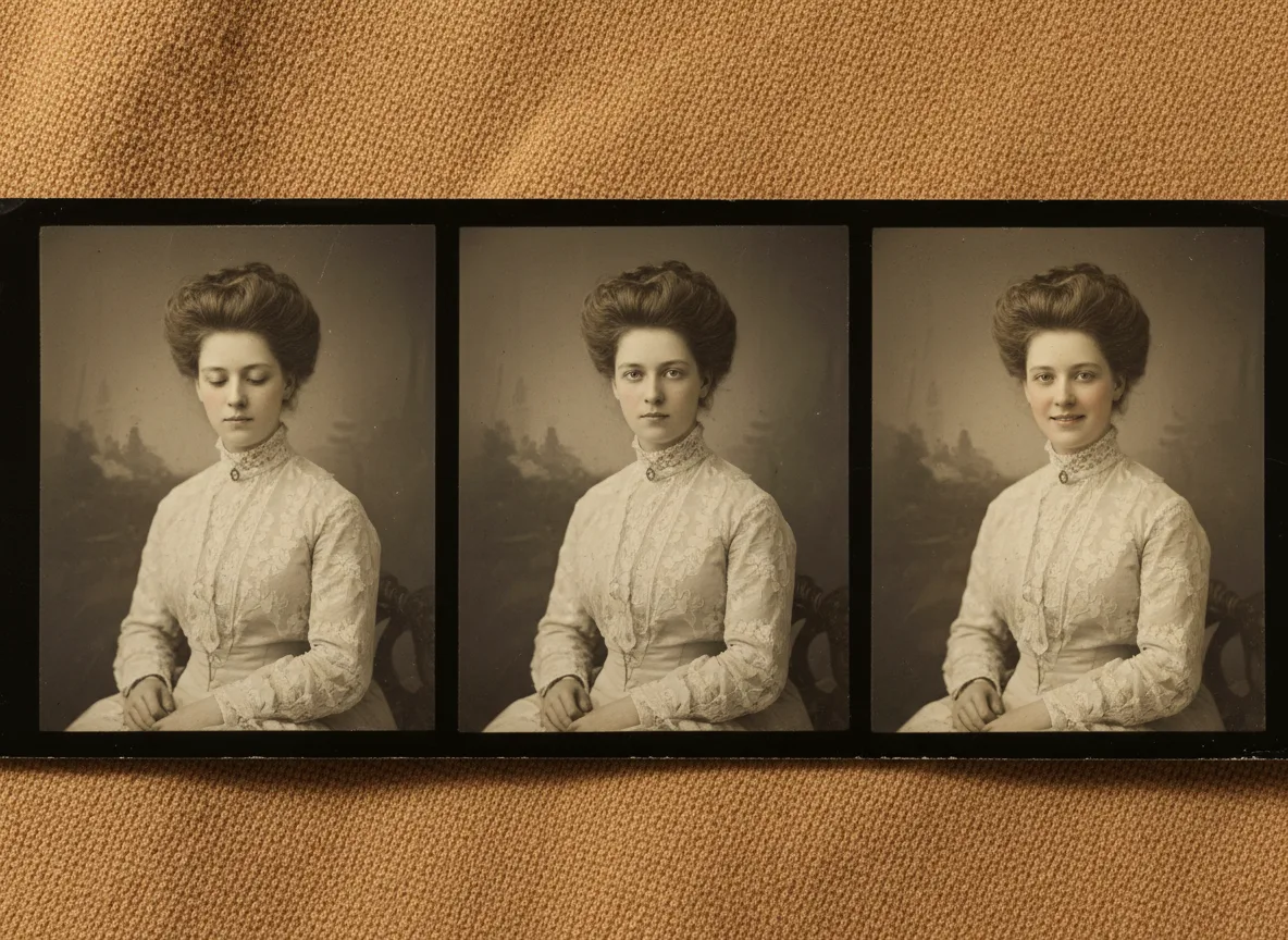 Formal early-1900s portrait shown with a suggested blink and breath of motion