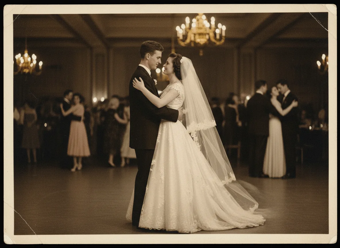 Vintage wedding couple in first-dance pose with subtle animated movement