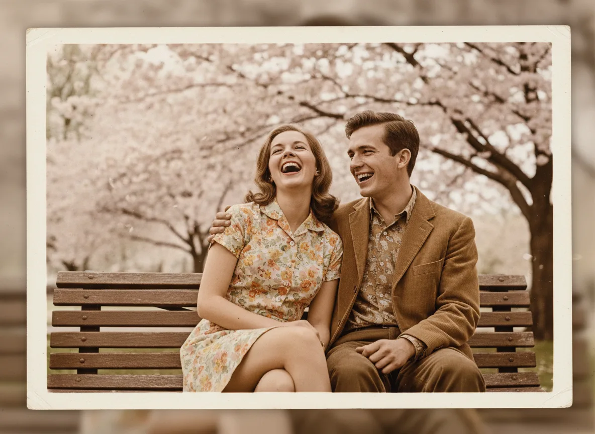 Young couple in a vintage photo shown with subtle motion — hair and smiles gently moving