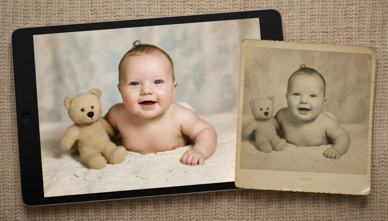 Faded 1960s baby photo restored and gently animated, infant mid-smile