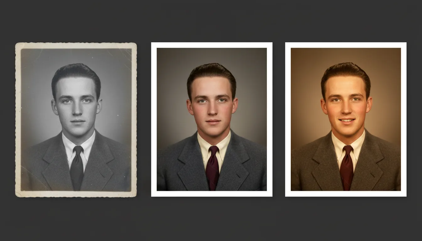 Black-and-white portrait transforming into a colorized, gently moving video clip