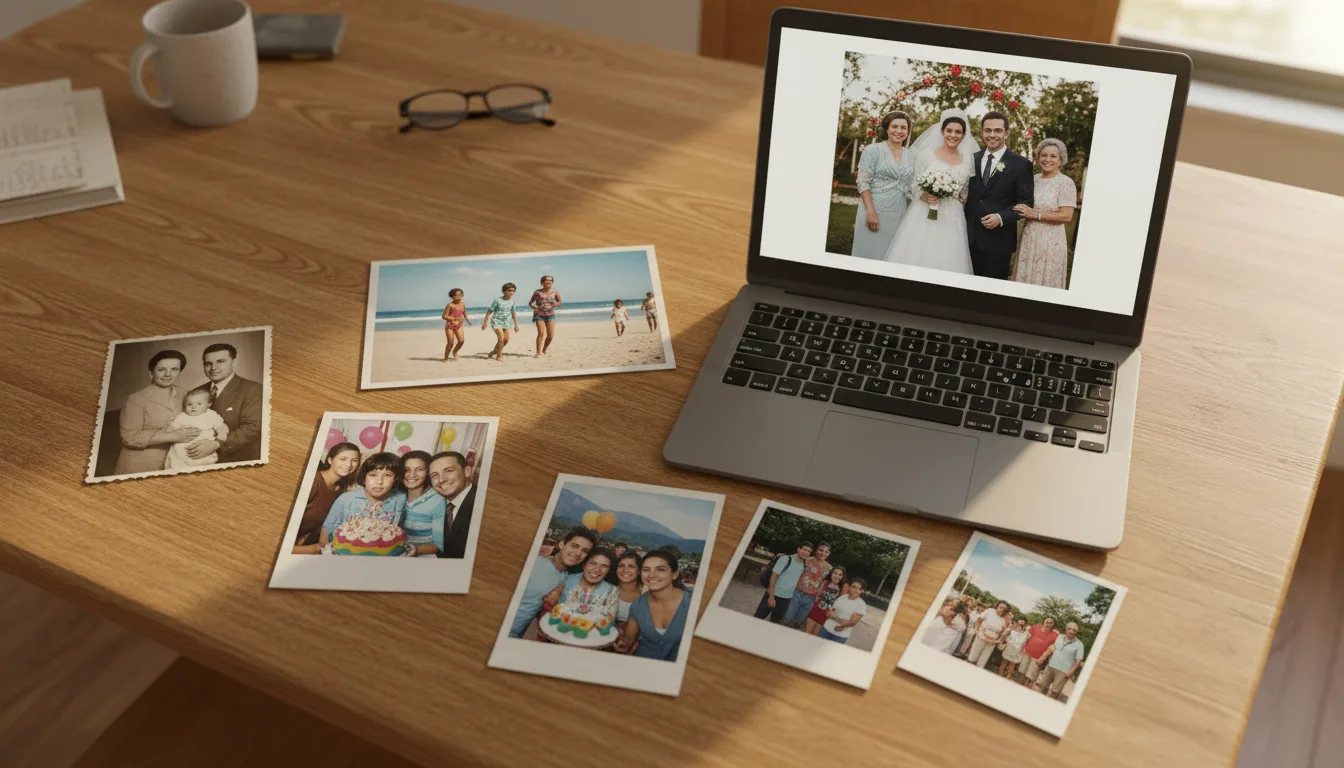 A spread of family photos from different decades arranged before being animated into one video