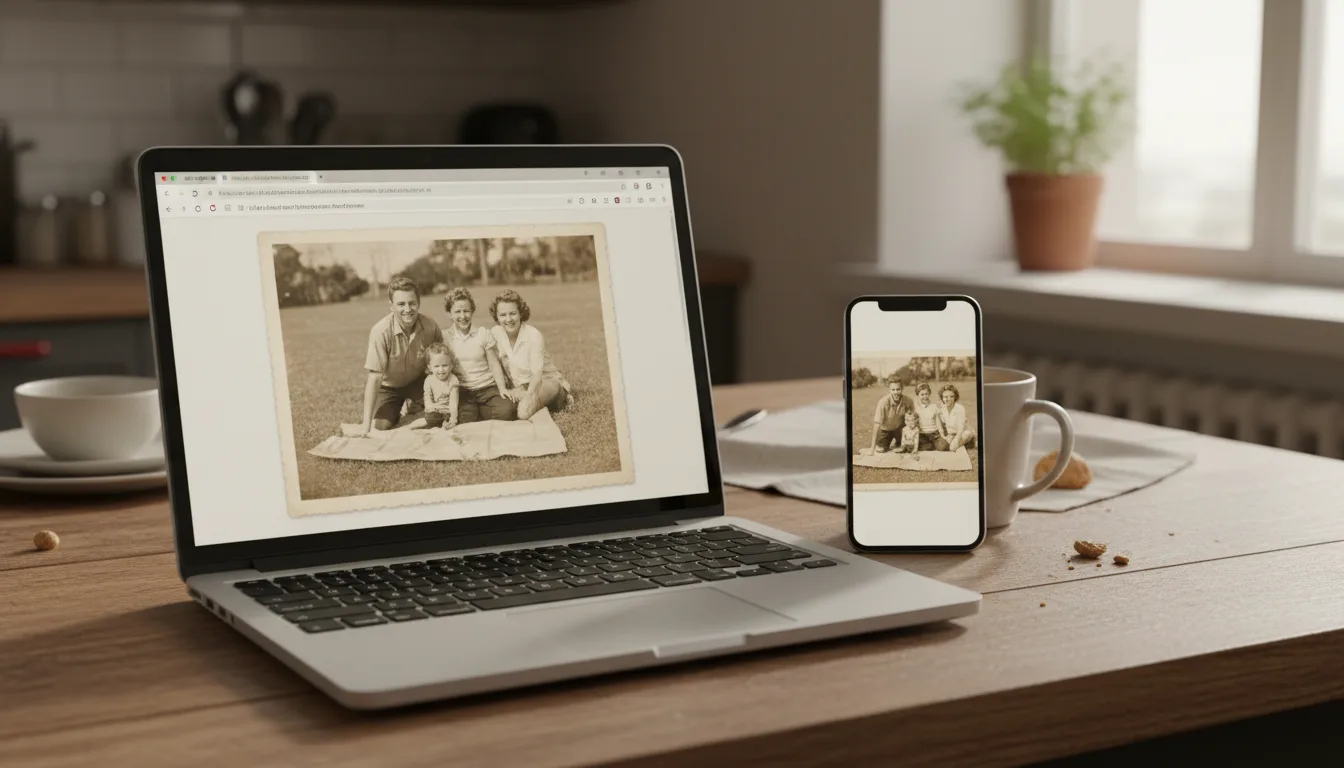 Browser window on a laptop animating an old family photo, no software installed