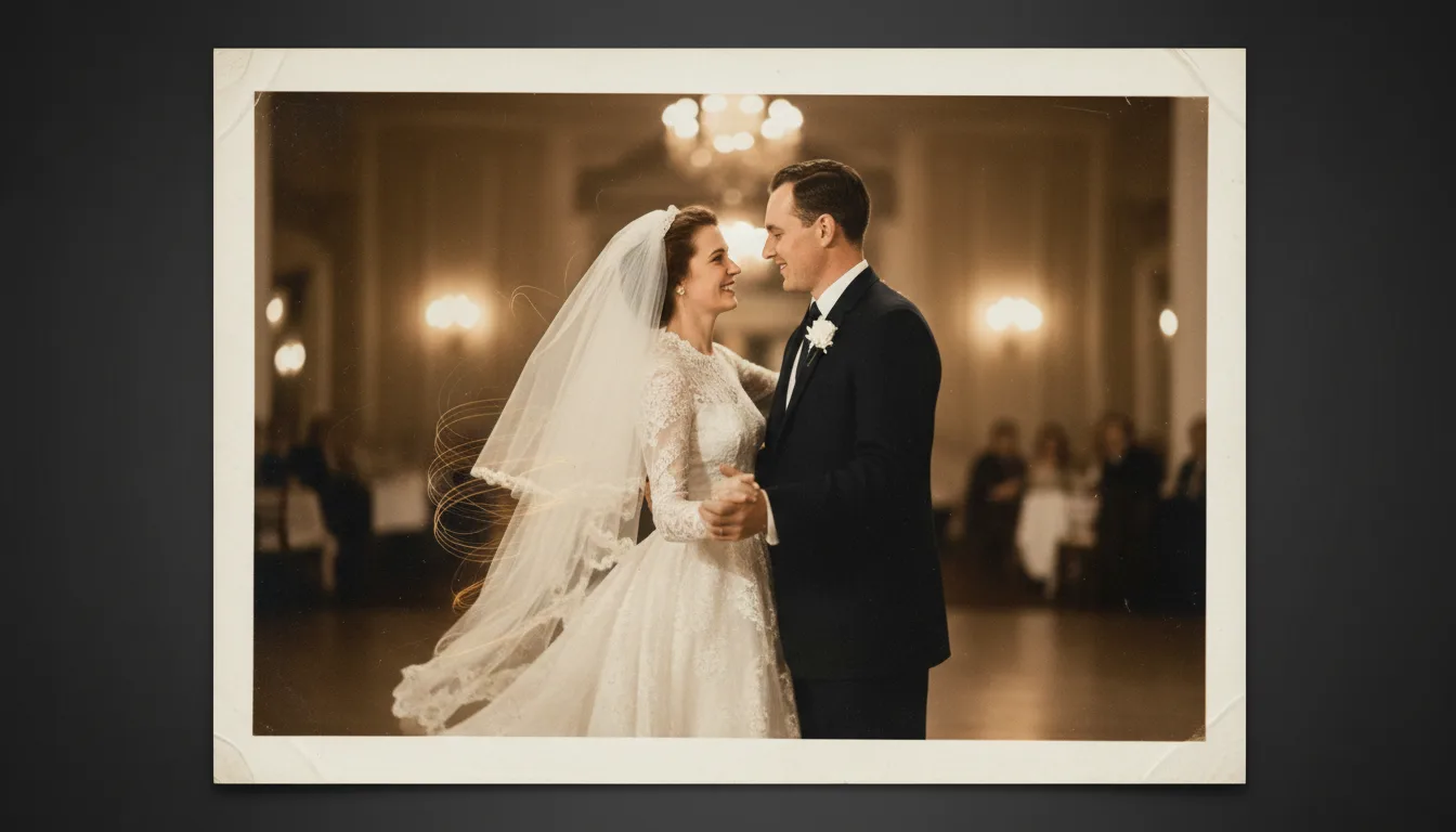 Vintage wedding photograph of a couple gently animated — veil stirring, smiles arriving