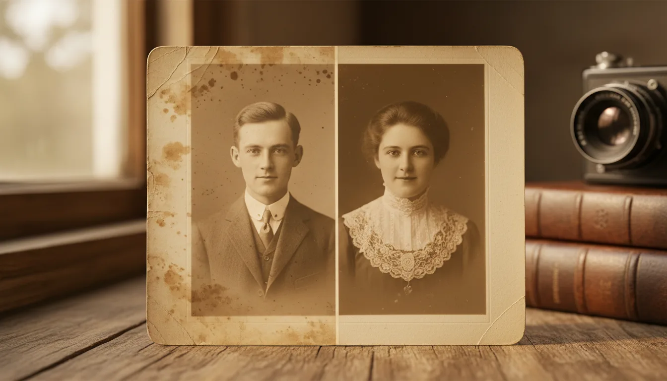 Before and after: 1910s sepia portrait repaired, tones preserved