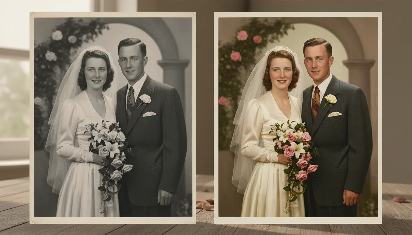 Before and after: 1940s wedding portrait colorized with believable tones