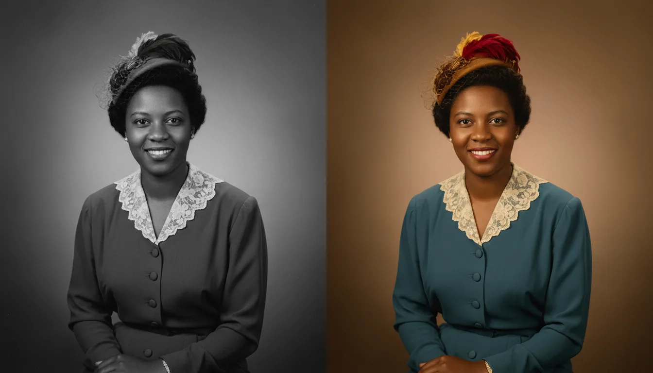 Side-by-side of a 1950s black-and-white portrait and its naturally colorized version