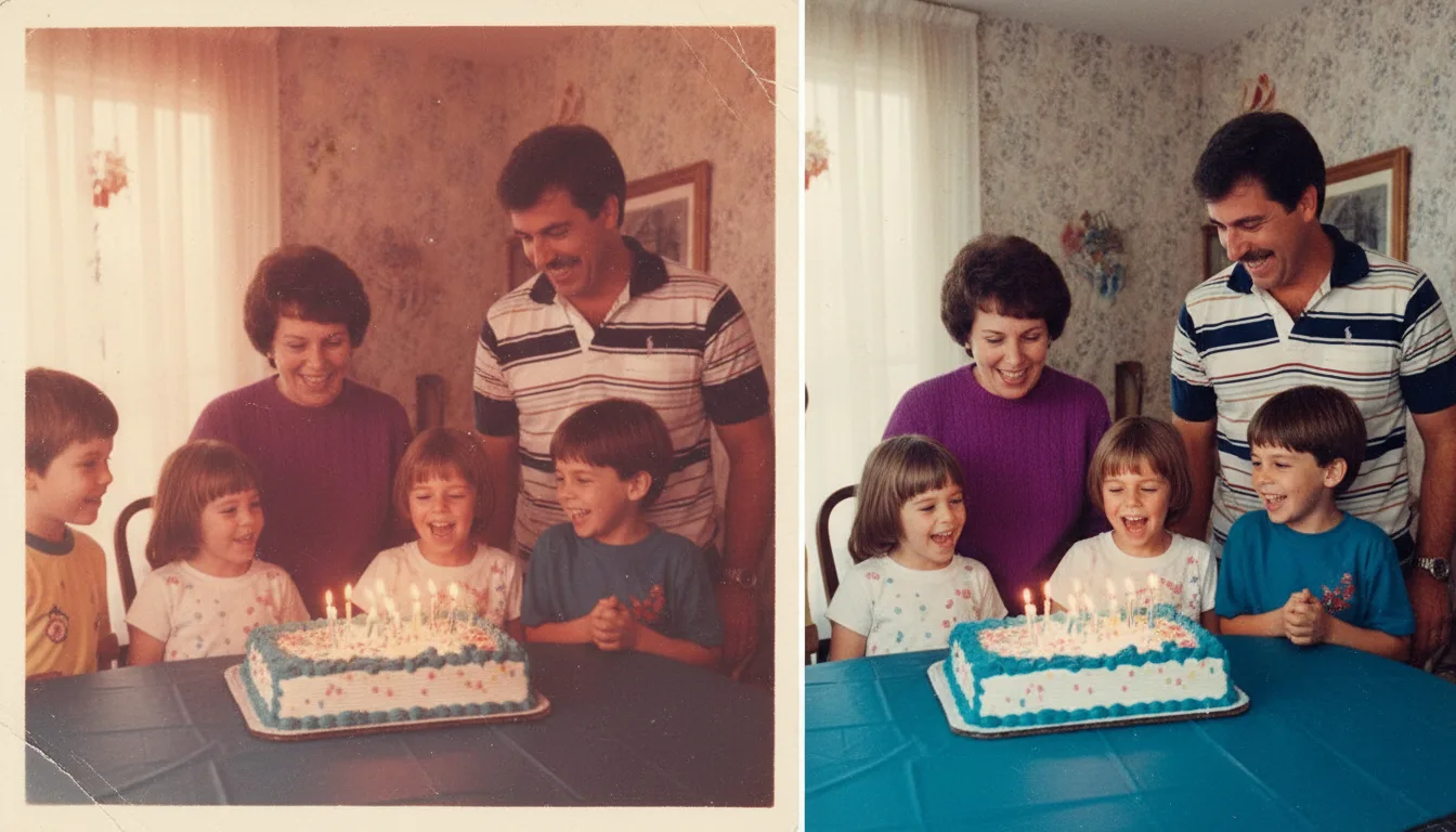 Before and after: color-faded 1980s childhood snapshot restored to bright tones