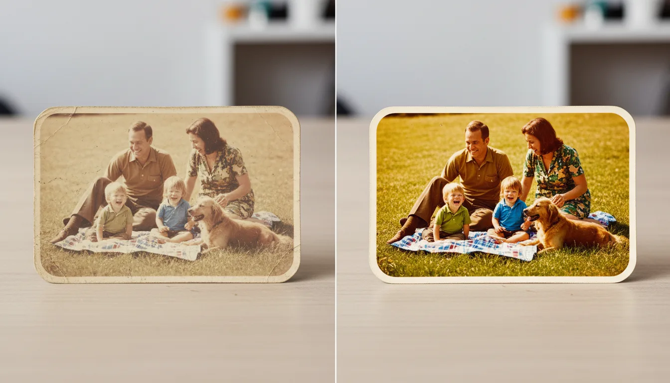 Before and after: faded 1970s color family snapshot restored to full tone