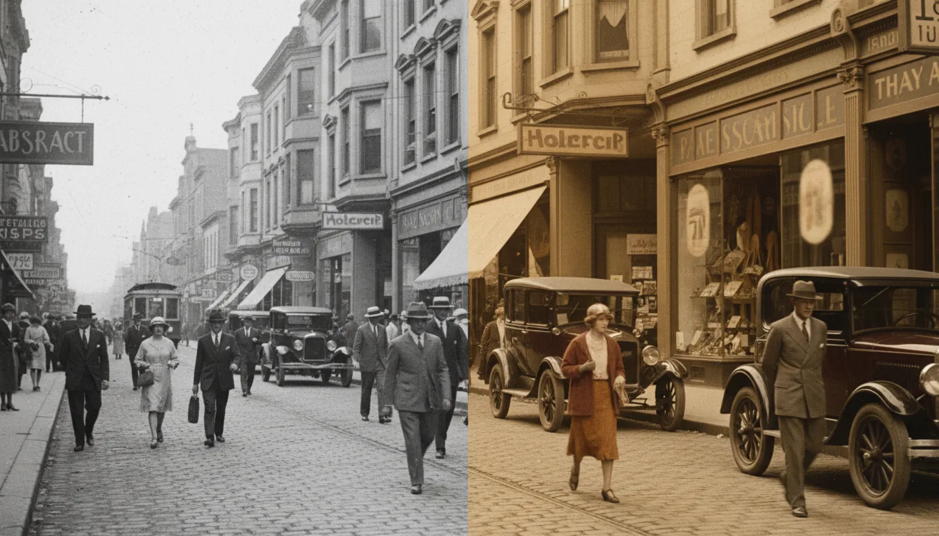 Before and after: archival street scene colorized with period-appropriate tones