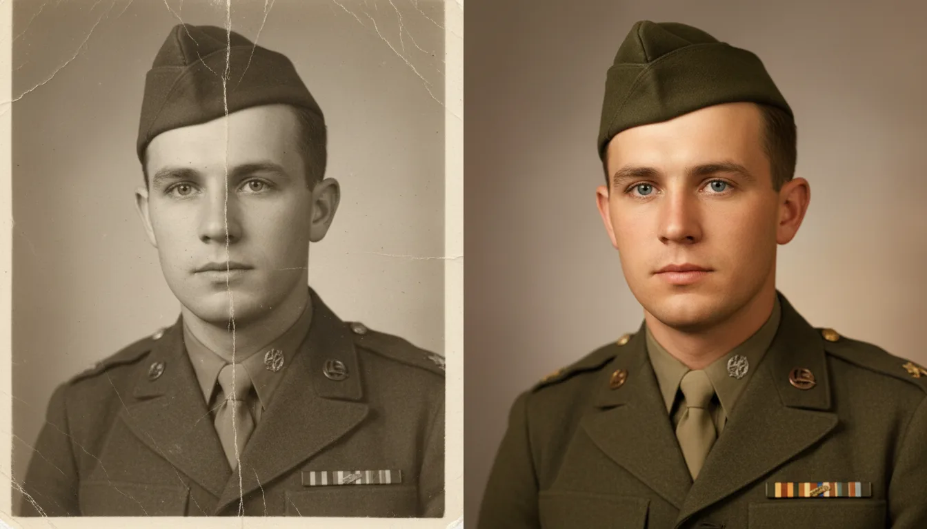 Before and after: black-and-white military portrait restored and colorized