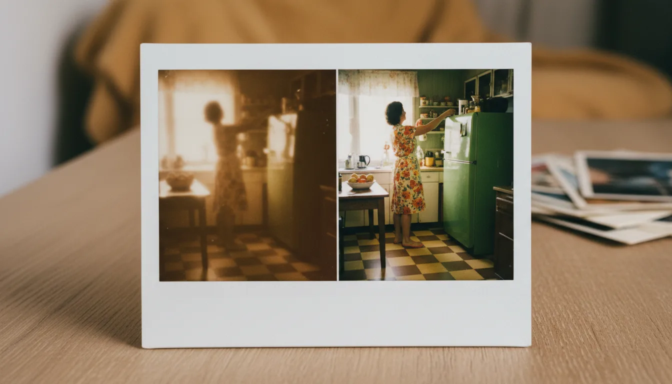 Before and after: faded Polaroid instant photo recovered from brown haze