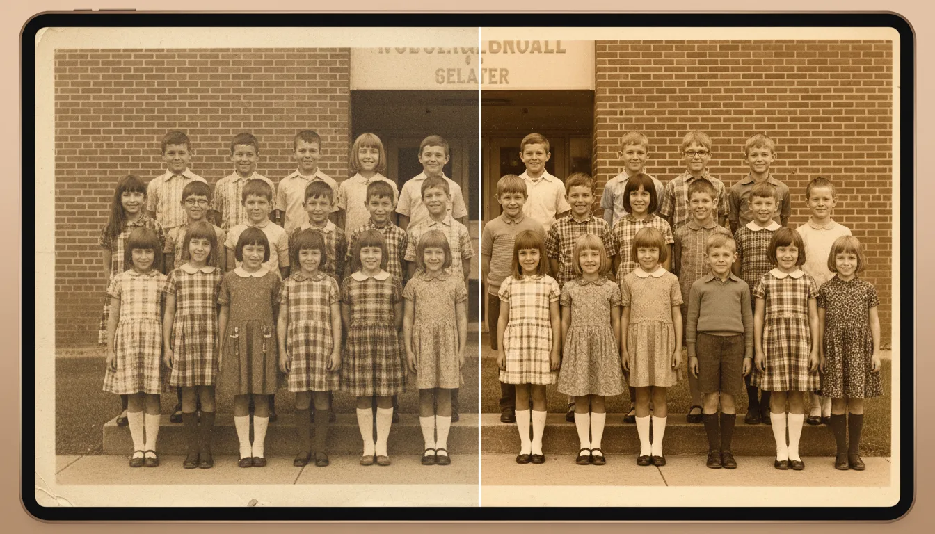 Before and after: old school class photo restored from fading and print dots