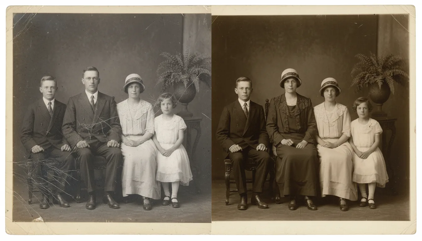 Before and after: vintage studio family group portrait restored