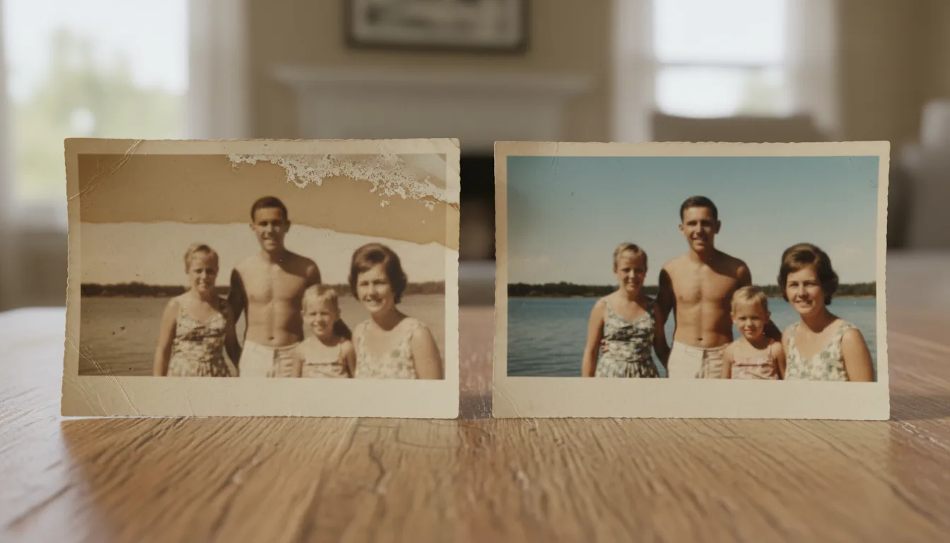 Before and after: water-damaged print with stains and blooming recovered