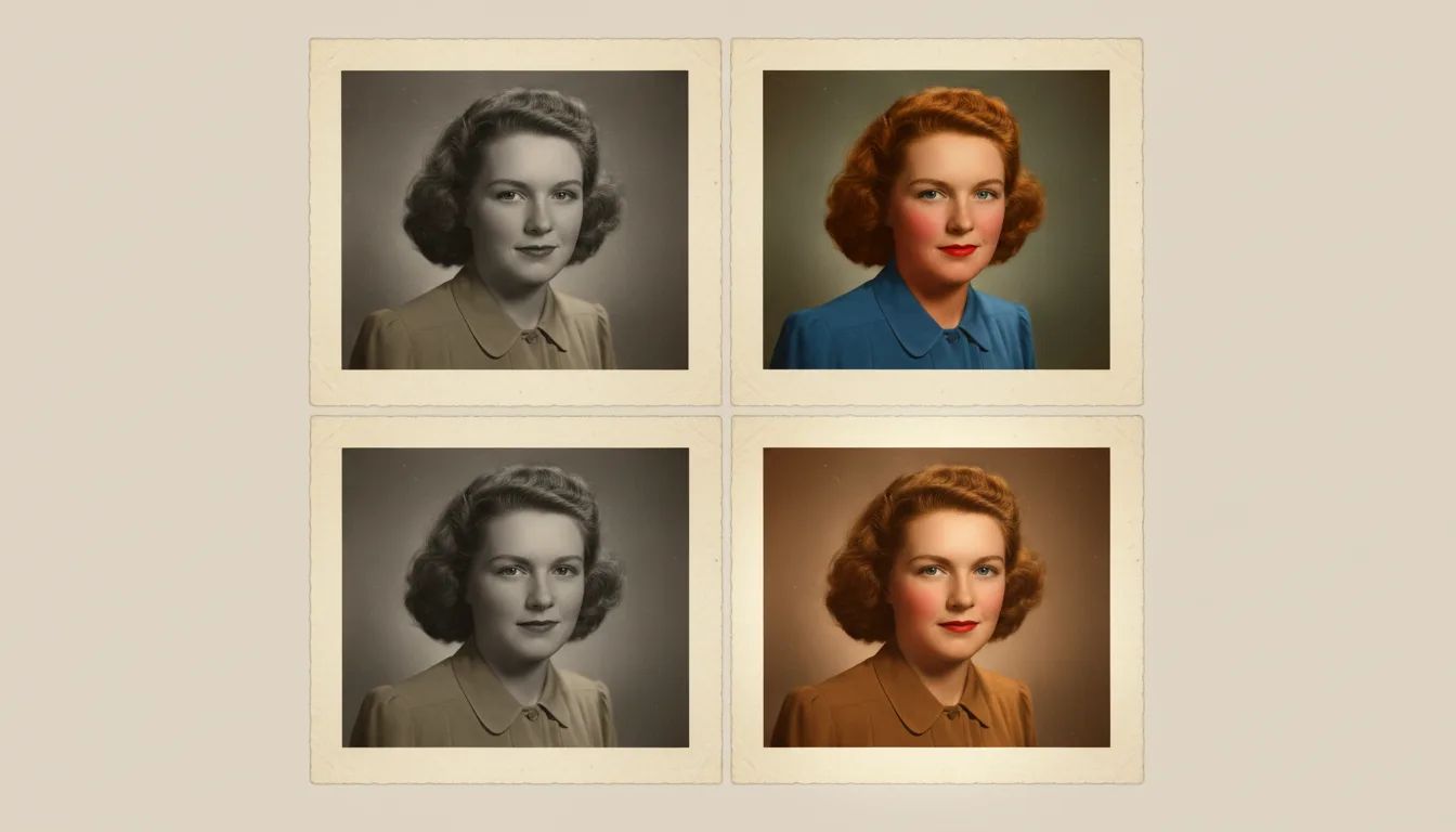 One black-and-white portrait colorized several ways, natural result highlighted