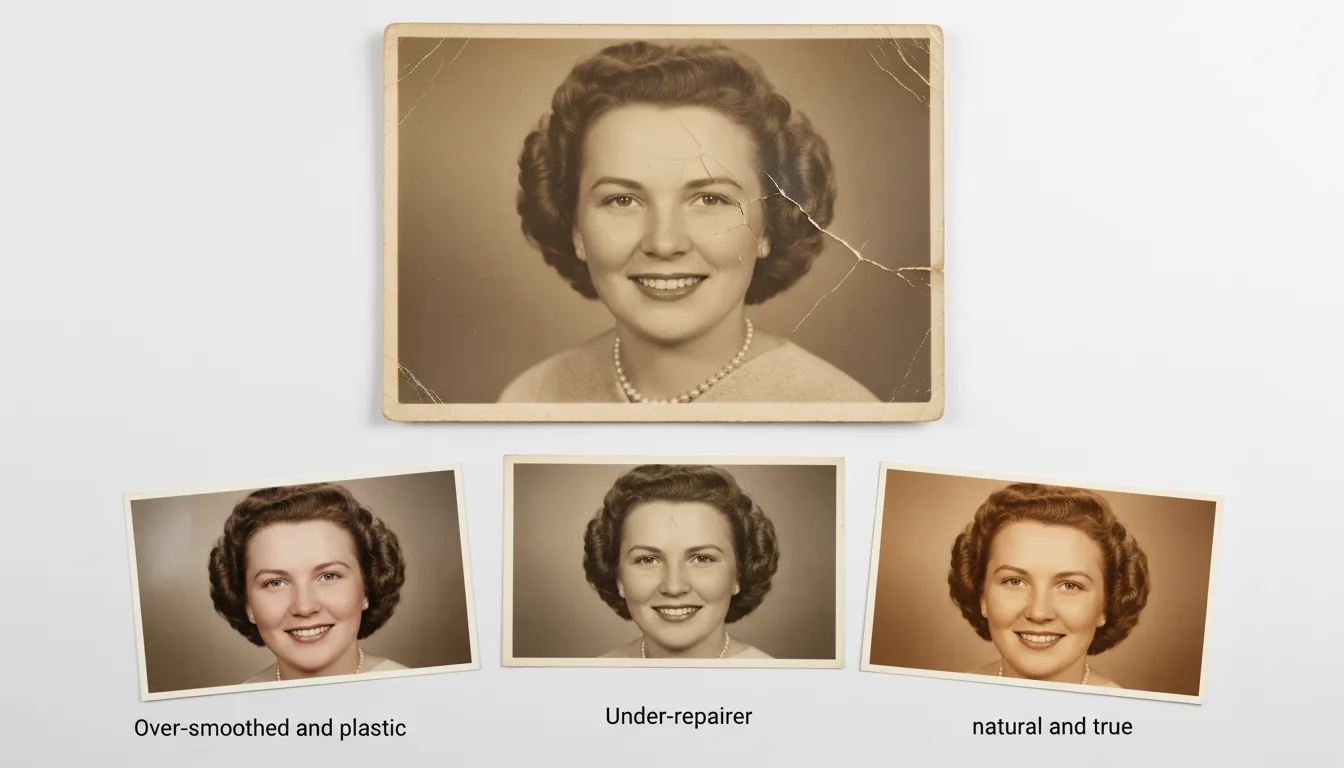 Same damaged photo restored by different apps, results compared side by side