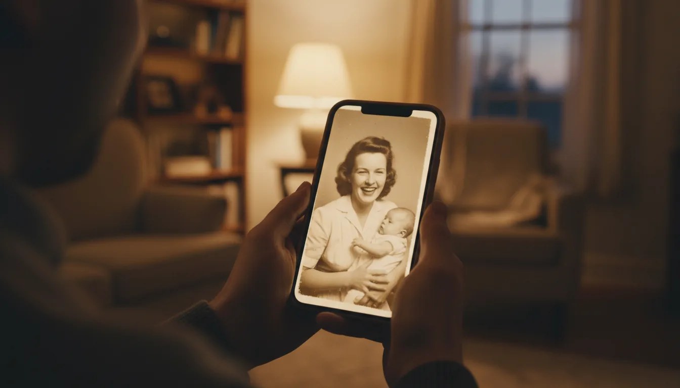 Old family photograph of a grandmother gently animated, mid-smile