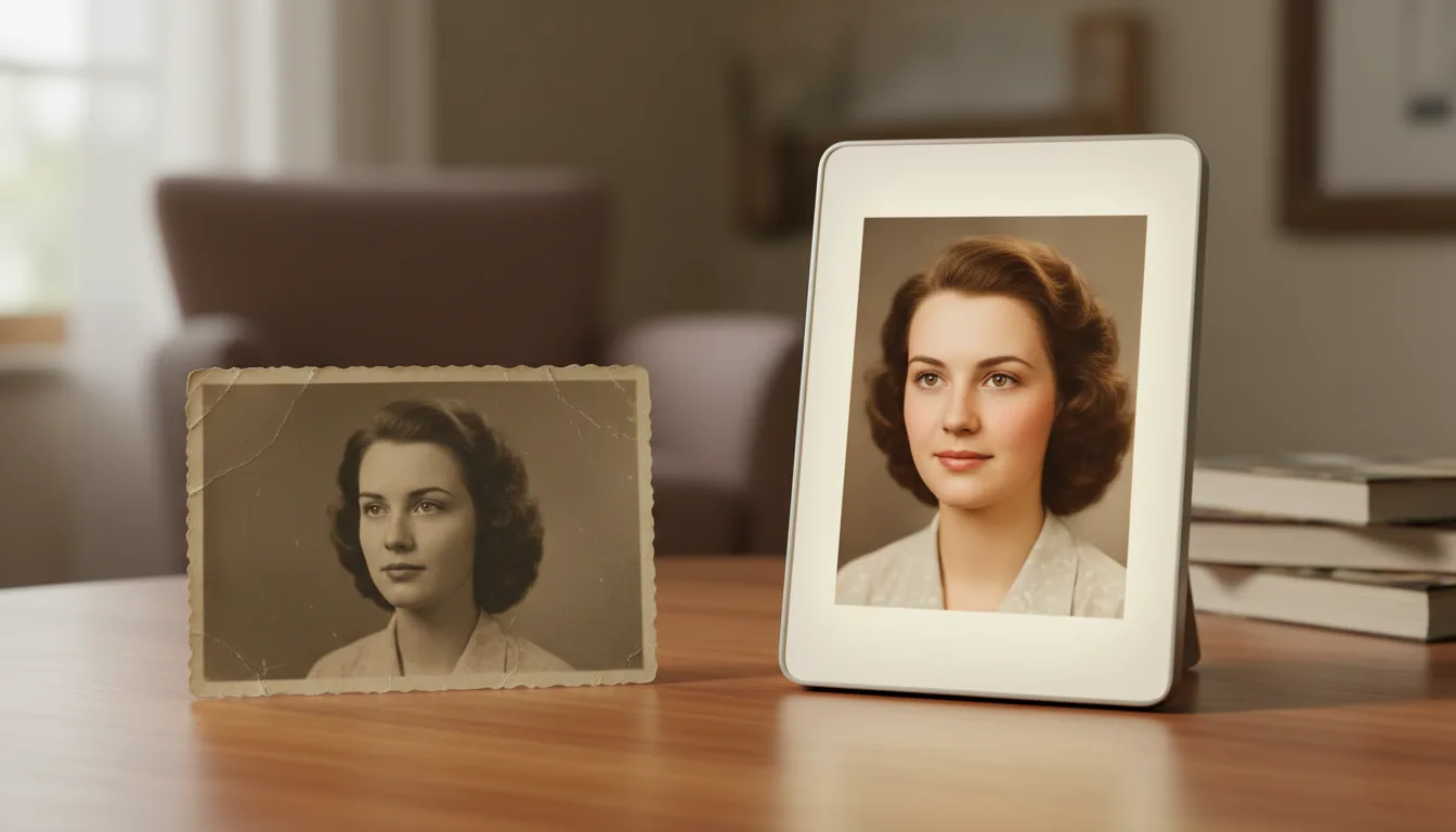 Old portrait transitioning from still to gently alive, mid-breath