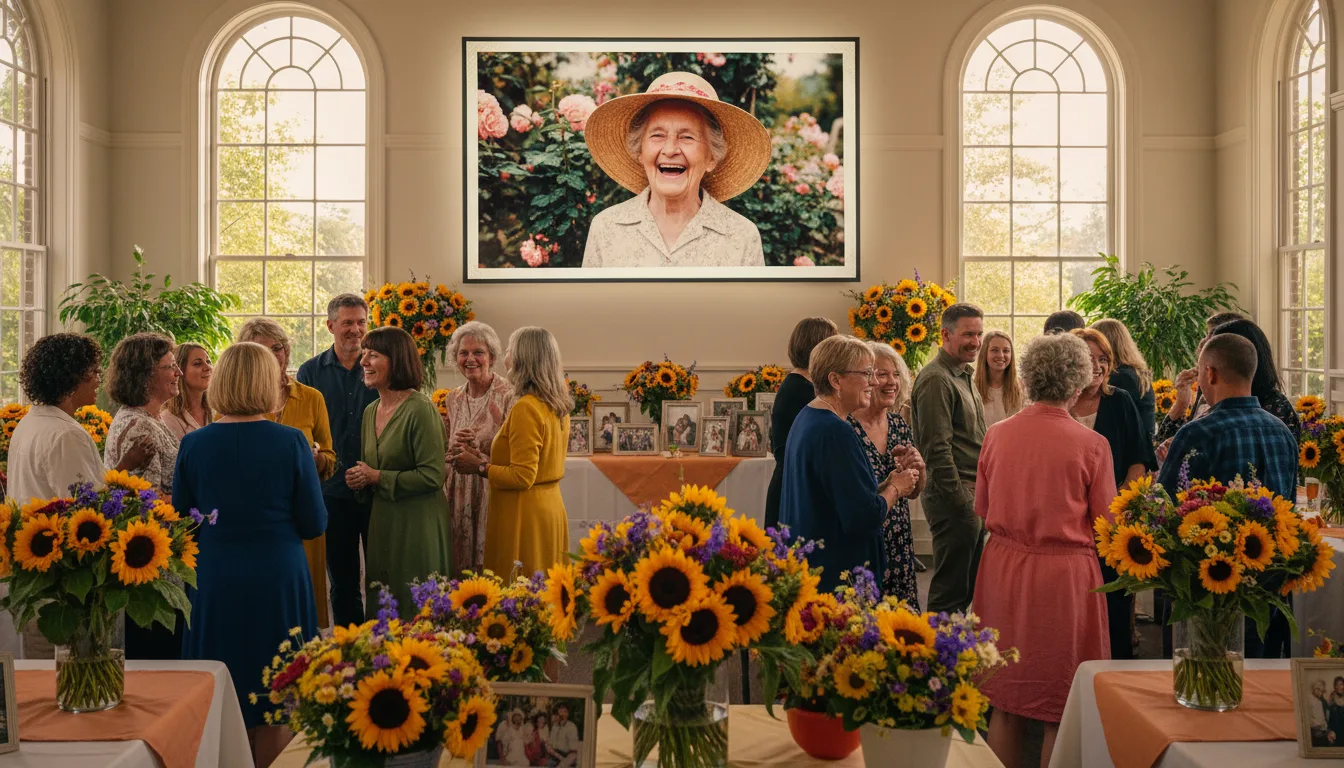 Bright gathering space with flowers and a screen showing joyful photos from a full life