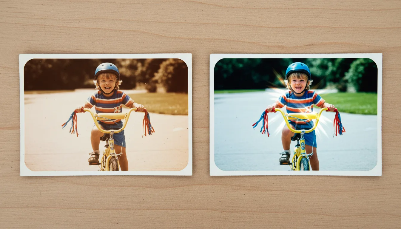 Faded 1980s childhood snapshot of a child on a bicycle, restored and animated