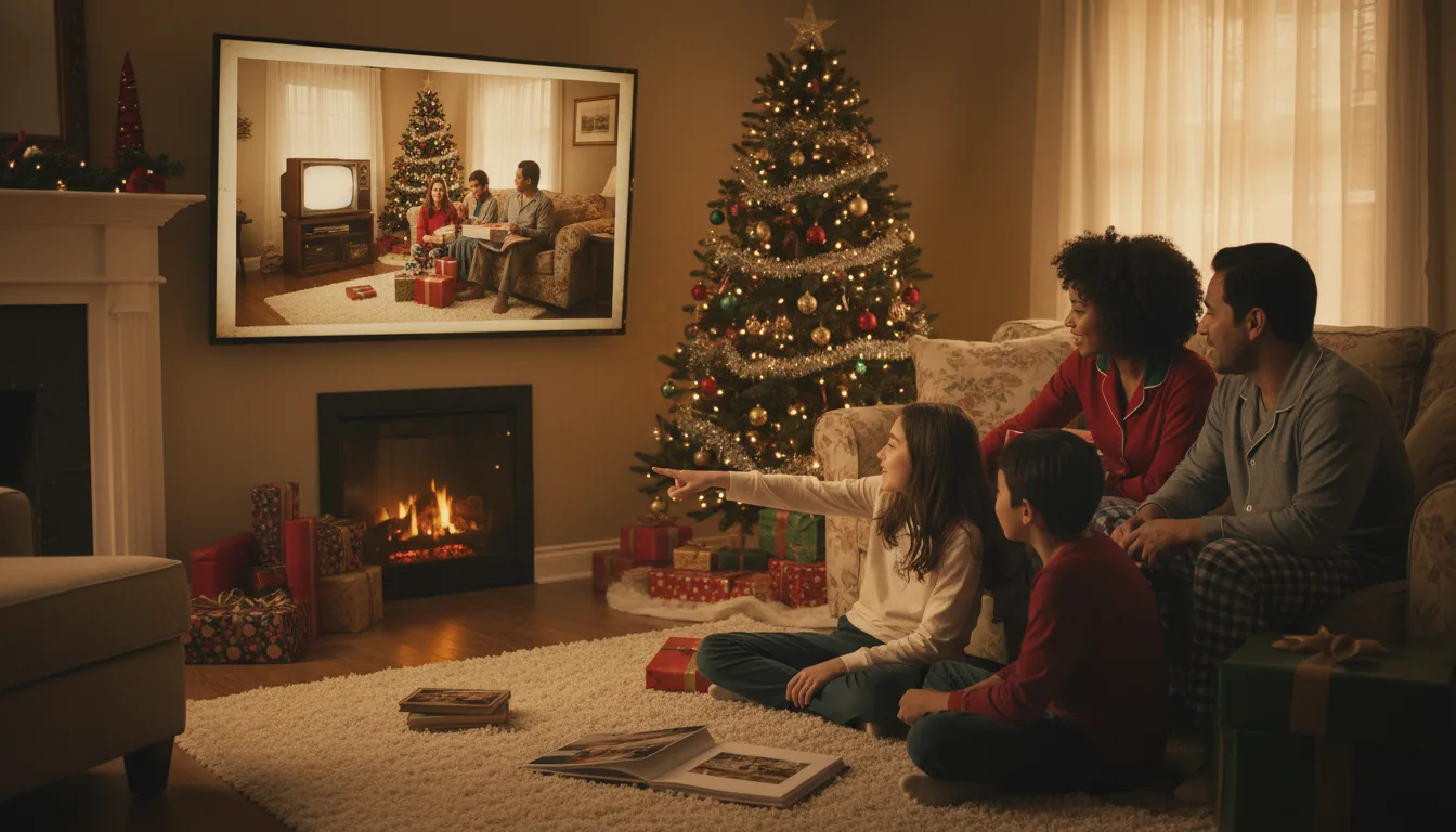Family by the Christmas tree watching animated photos of Christmases past on the TV