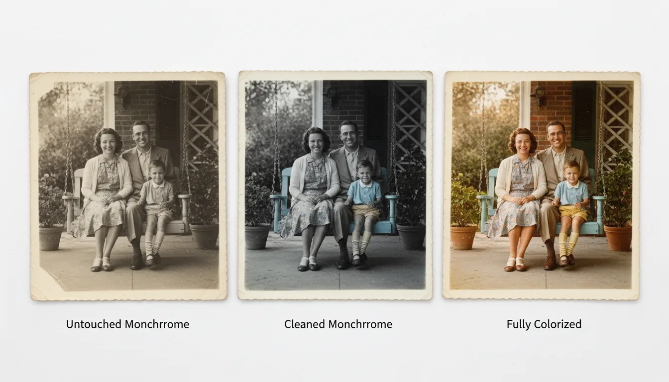 Black-and-white family print gaining natural color step by step