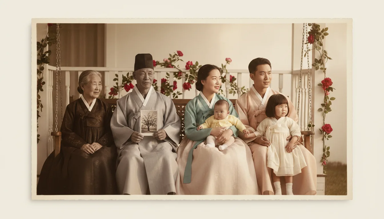 Black-and-white family photo blooming into natural, lifelike color