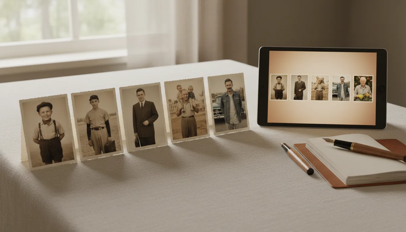 Photos from across a life laid out beside a screen showing a gentle tribute video