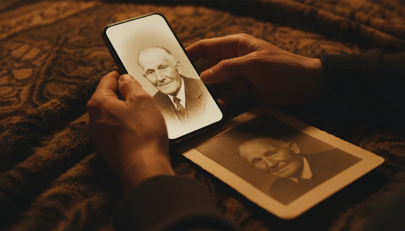 Treasured portrait of a loved one held gently, restored and softly animated on screen