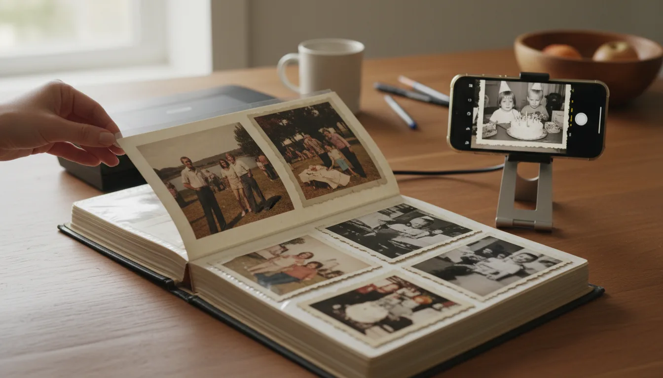 Open photo album being carefully scanned page by page at a table