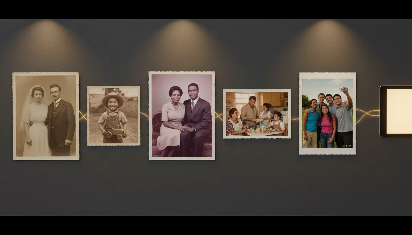 Photographs spanning four generations arranged as a timeline becoming a video