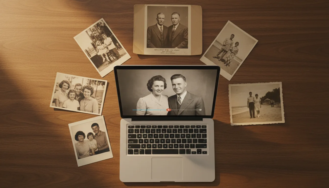 Family photographs from several generations arranged around a playing memory video