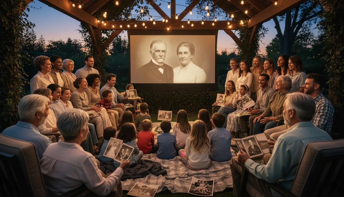 Large family reunion gathered outdoors around a screen showing animated ancestor photos