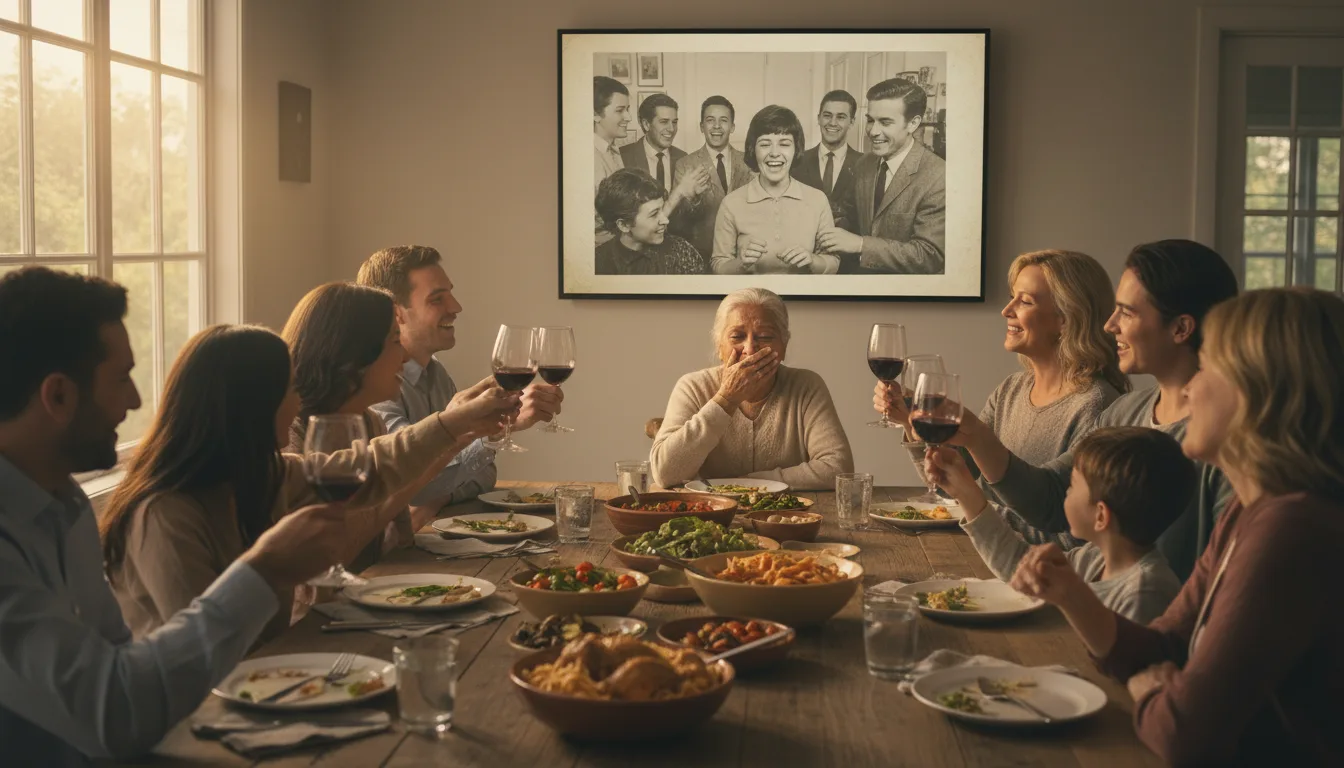 Family matriarch surprised and delighted as her life's photos play at a family dinner