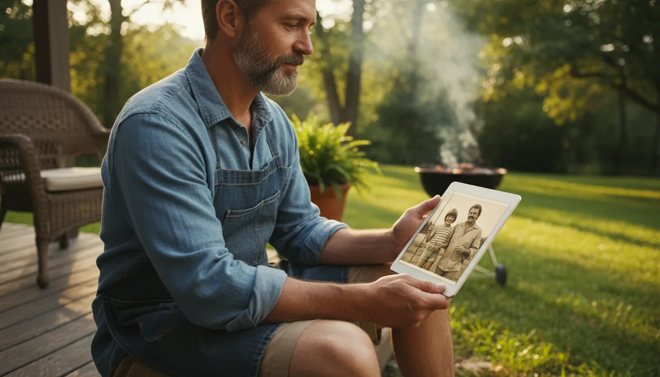 Father on Father's Day quietly watching his old photos animated on a tablet