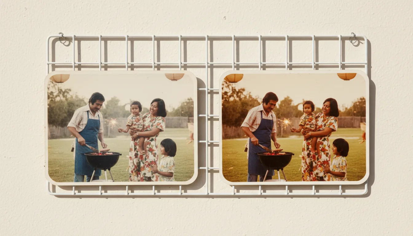 Sun-faded family photo regaining rich color and contrast after restoration
