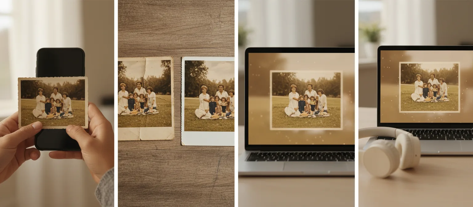 FotoRipple workflow: upload photos, restore and colorize, animate, add music