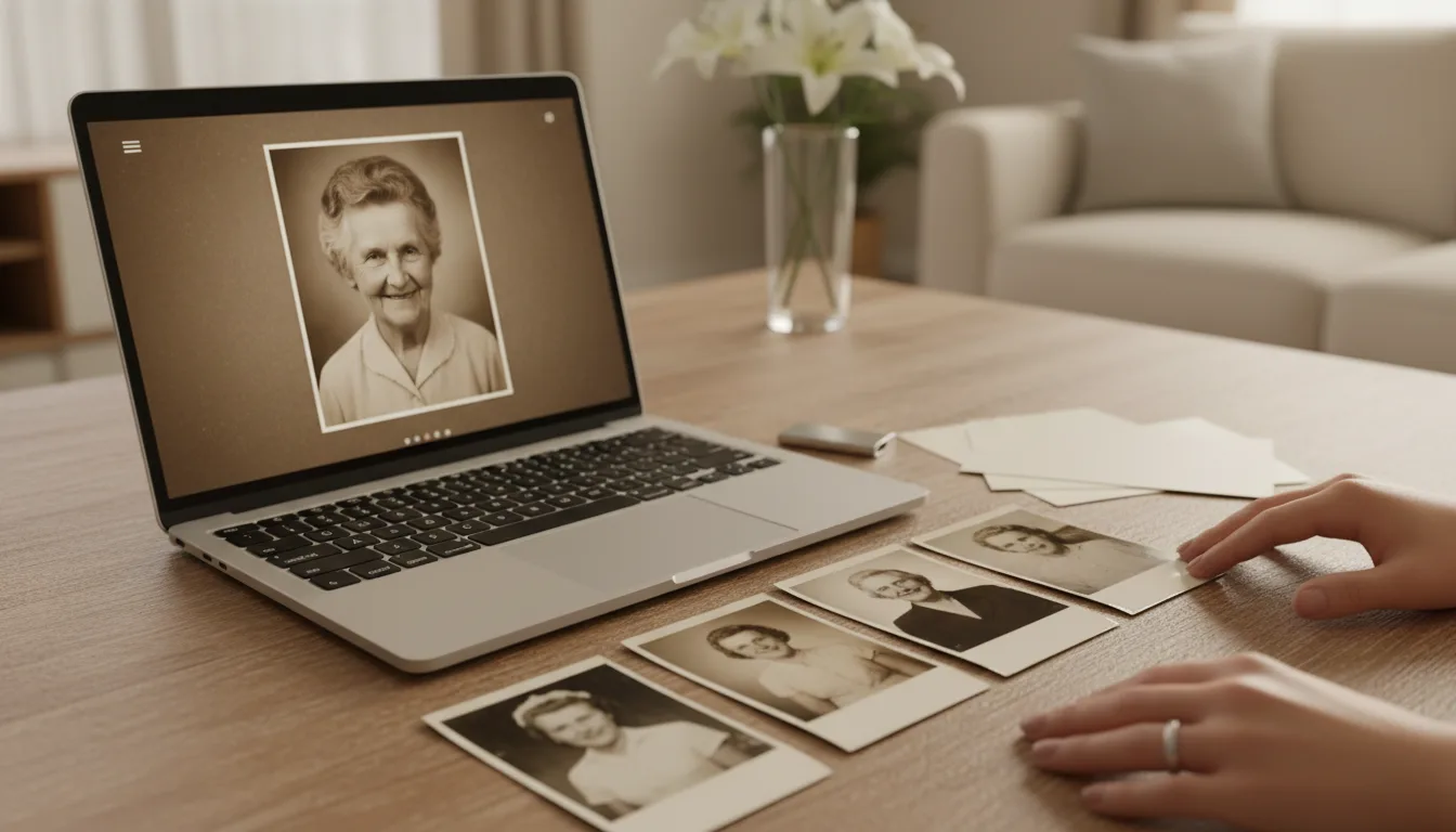 Laptop with a finished tribute video beside a small arrangement of family photographs