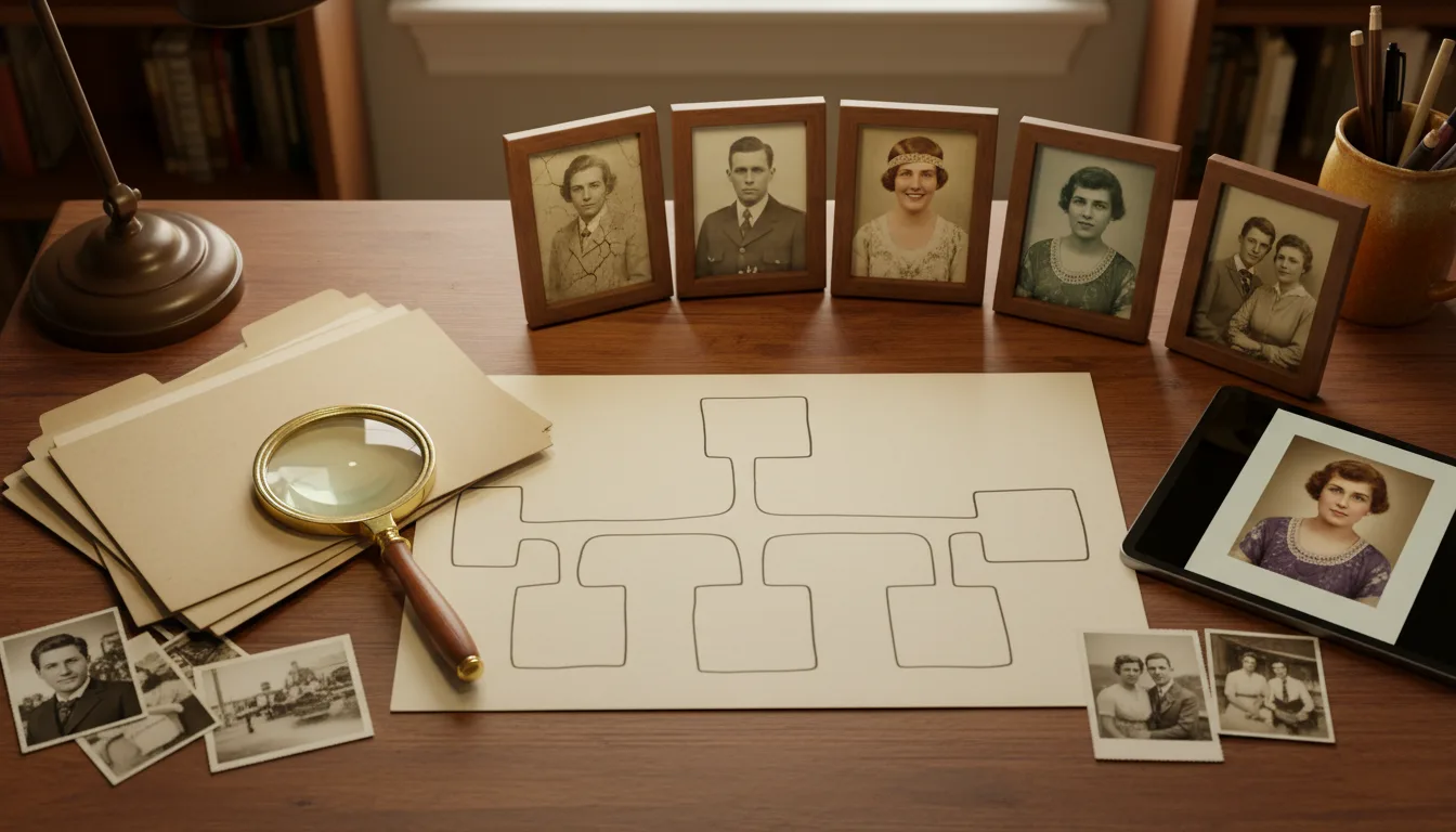 Genealogy research desk with family tree charts and restored ancestor photographs