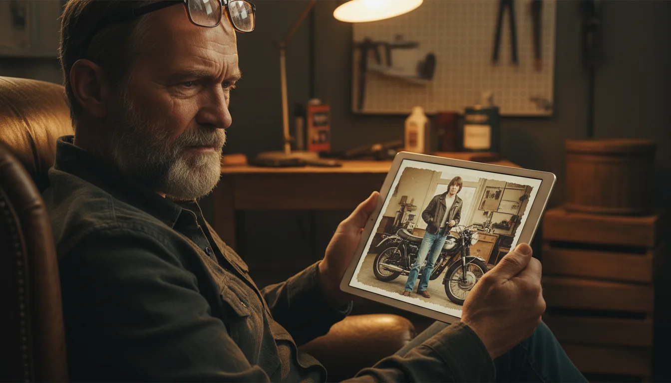 Older man watching his own young photos animated on a tablet, quietly moved