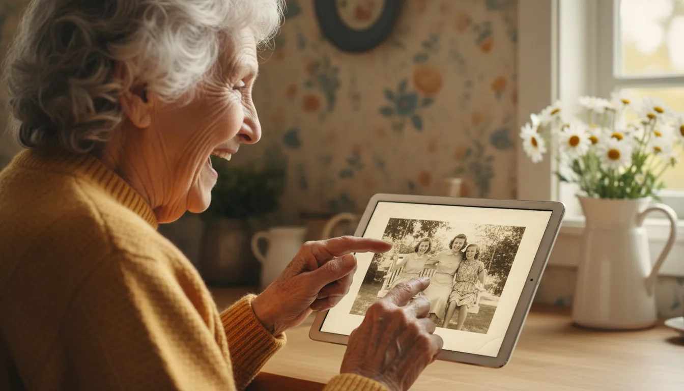Grandmother laughing and touching the screen as her old photos play as video