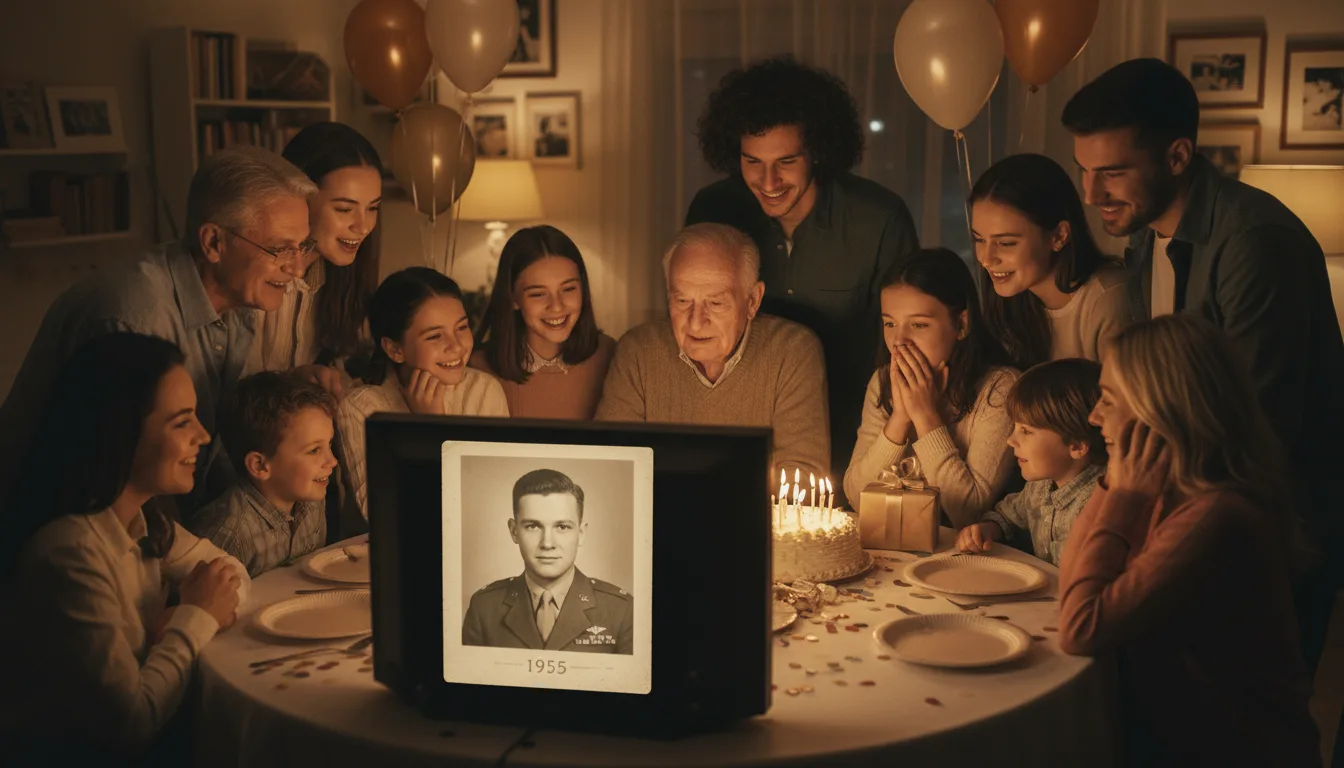 Grandfather at a birthday party watching his restored young photos move on the TV