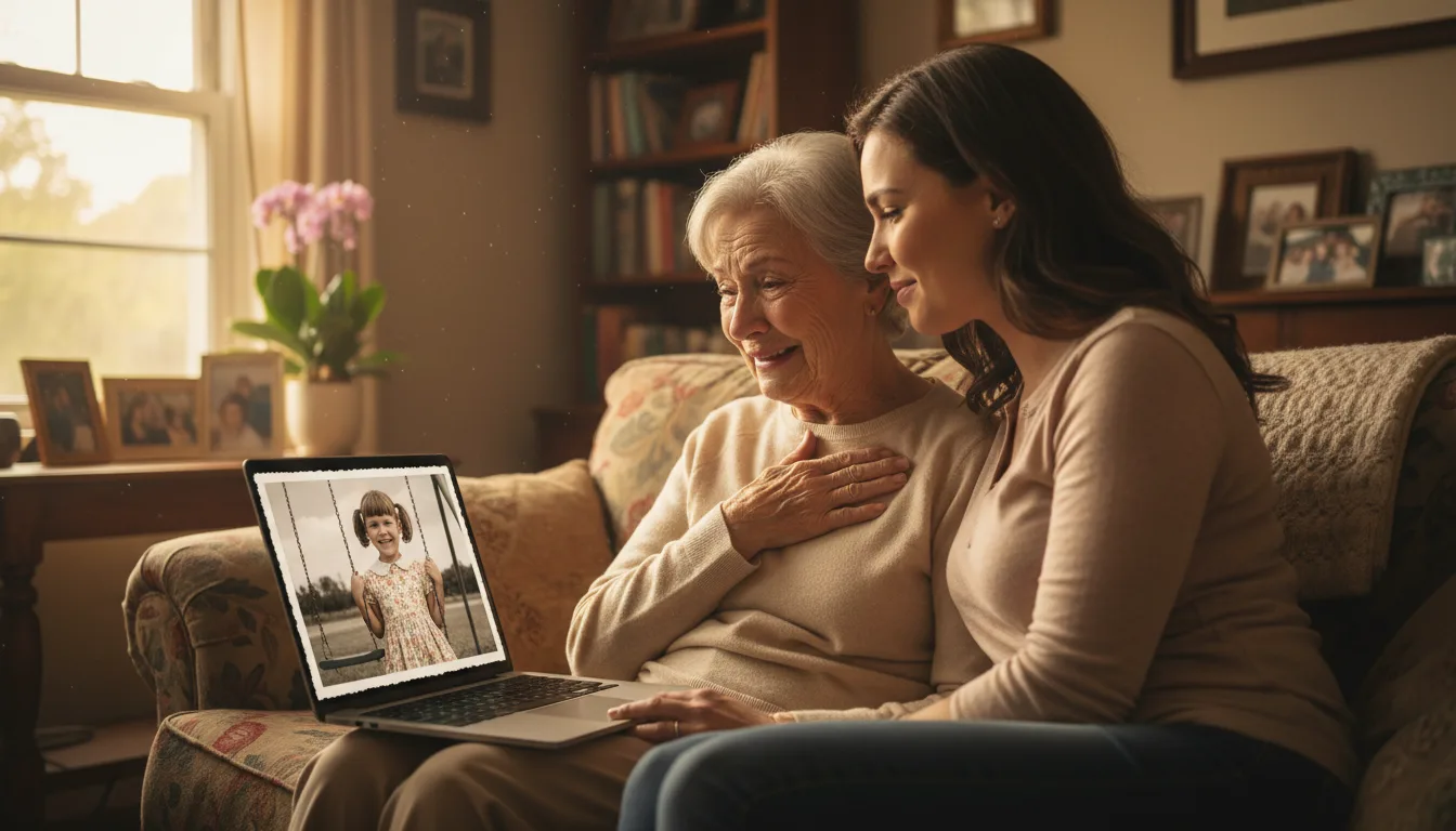 Woman moved to tears watching an animated video of her own old photographs